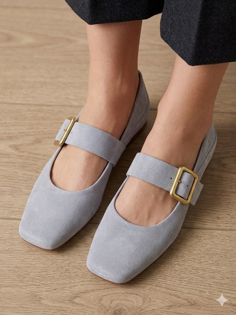 Franco Sarto Light Gray Suede Mary Jane Flats with Gold Buckle